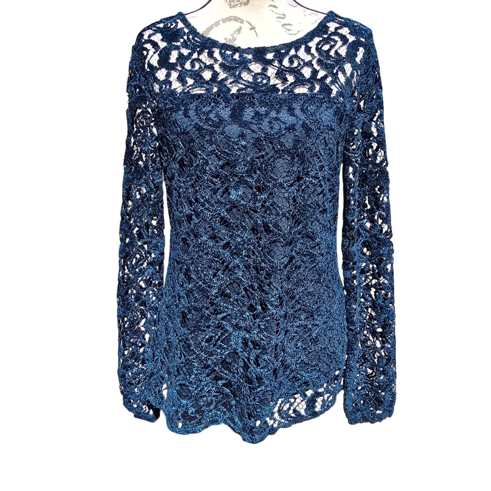 Sundance NWT -1755 Teal Blue Floral Lace Long Sleeve Lined Top Boat Neck Medium - Picture 2 of 9